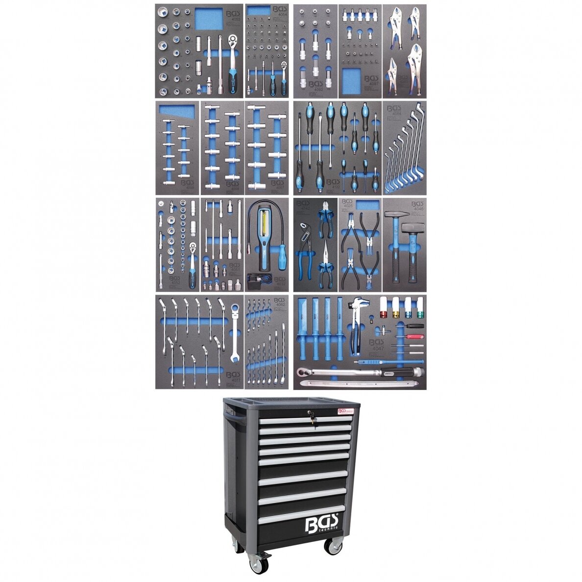 Įrankių spintelė su ratukais BGS-technic Profi Exclusive su 259 įrankiais