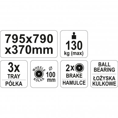 Įrankių spintelė ant ratukų Yato 3 lentynos (YT-55210) 4 Įrankių spintelė ant ratukų Yato 3 lentynos (YT-55210) 4