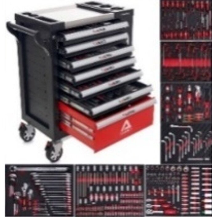 Įrankių spintelė ant ratukų | metalinis starviršis | su įrankiais | 7 stalčiai / 1 durelės | 298 įrankiai (H7002)