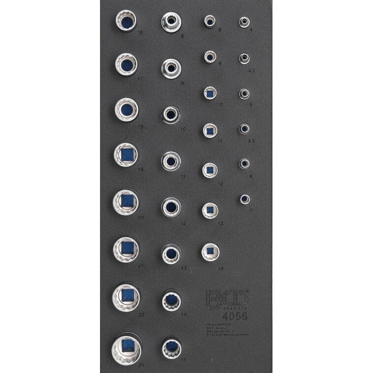 Įrankių dėklas 1/3: galvutės 12 kampų | 6.3 mm (1/4") ir 12.5 mm (1/2") | 29 vnt. (4056)