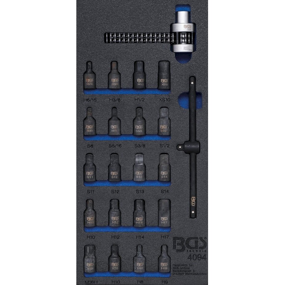 Įrankių dėklas 1/3: Antgaliai alyvos kamščiams / alyvos filtro grandininis raktas | 22 vnt. (4094) Įrankių dėklas 1/3: Antgaliai alyvos kamščiams / alyvos filtro grandininis raktas | 22 vnt. (4094)
