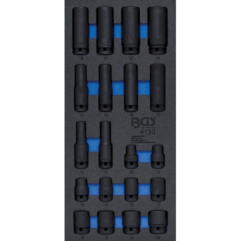 Įrankių dėklas 1/3: smūginės galvutės šešiakampės | 12,5 mm (1/2") | 10 - 24 mm | 20 vnt. (4130) Įrankių dėklas 1/3: smūginės galvutės šešiakampės | 12,5 mm (1/2") | 10 - 24 mm | 20 vnt. (4130)