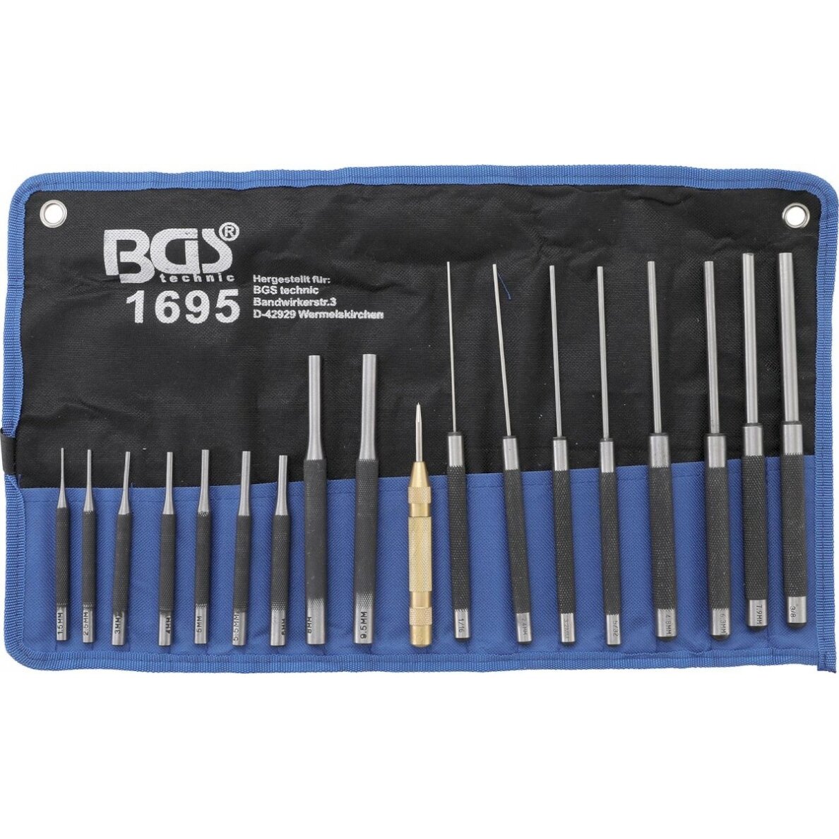 Išmušėjų rinkinys | 100-150-200 mm | 1,5 - 9,5 mm | įskaitant centro žymeklį | 18 vnt. (1695)