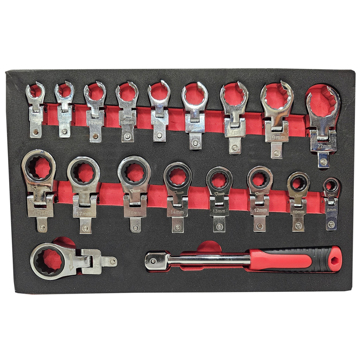 Įstatomų veržliarakčių rinkinys | terkšliniai kilpiniai / atviri stabdžių žarnelėms | 8 - 22 mm | 19 vnt. (RWF19S) 1 Įstatomų veržliarakčių rinkinys | terkšliniai kilpiniai / atviri stabdžių žarnelėms | 8 - 22 mm | 19 vnt. (RWF19S) 1