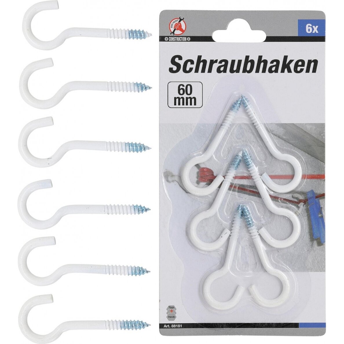 Įsukamų kabliukų asortimentas | baltai dažyti | 60 mm | 6 vnt. (88181)