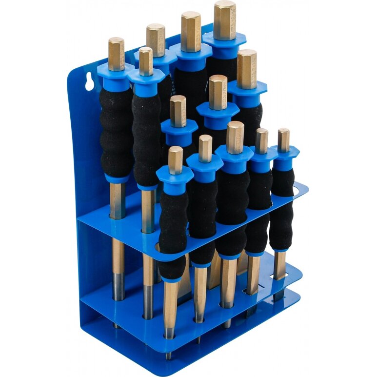 Išmušėjų ir kaltų rinkinys | su apsauga rankoms | 13 vnt (74596) Išmušėjų ir kaltų rinkinys | su apsauga rankoms | 13 vnt (74596)