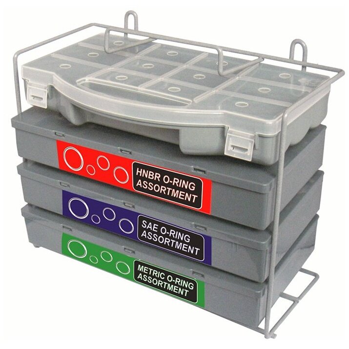 Įvairių guminių tarpinių-manžetų rinkinys su stovu (metrinės, colinės, žalios) 900 vnt (8045-900)