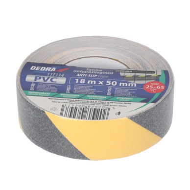 Neslystanti juosta DEDRA 11T114, 50mm x 18m, geltonos ir juodos spalvos 1 Neslystanti juosta DEDRA 11T114, 50mm x 18m, geltonos ir juodos spalvos 1
