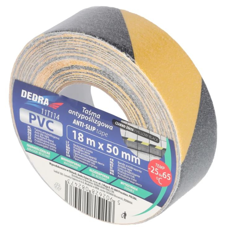 Neslystanti juosta DEDRA 11T114, 50mm x 18m, geltonos ir juodos spalvos 2 Neslystanti juosta DEDRA 11T114, 50mm x 18m, geltonos ir juodos spalvos 2