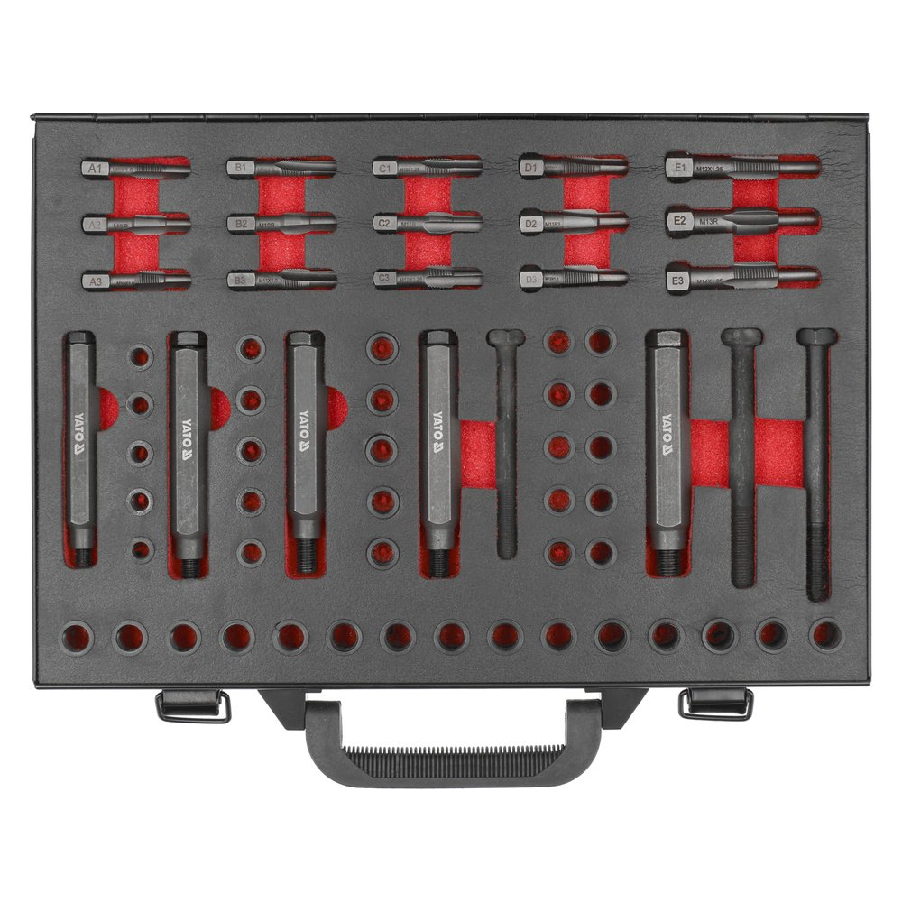 Kaitinimo žvakių sriegio taisymo komplektas | M8 - M9 - M10 - M12 | 68 vnt (YT-17711) Kaitinimo žvakių sriegio taisymo komplektas | M8 - M9 - M10 - M12 | 68 vnt (YT-17711)