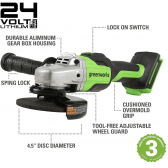 Akumuliatorinis kampinis šlifuoklis Greenworks GD24AG, 24 V, (tik įrankis)
