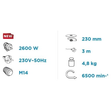 KAMPINIS ŠLIFUOKLIS GRAPHITE 59G208, 2600W, 230MM KAMPINIS ŠLIFUOKLIS GRAPHITE 59G208, 2600W, 230MM