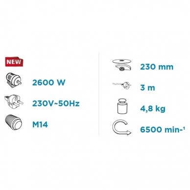 KAMPINIS ŠLIFUOKLIS GRAPHITE 59G208, 2600W, 230MM 1 KAMPINIS ŠLIFUOKLIS GRAPHITE 59G208, 2600W, 230MM 1