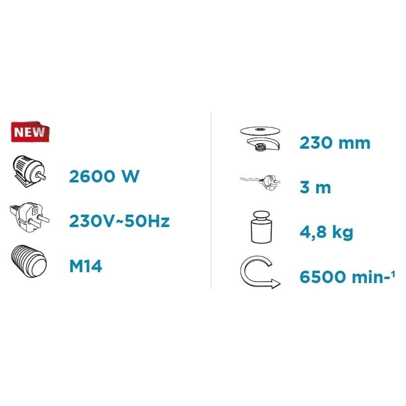 KAMPINIS ŠLIFUOKLIS GRAPHITE 59G208, 2600W, 230MM 1 KAMPINIS ŠLIFUOKLIS GRAPHITE 59G208, 2600W, 230MM 1