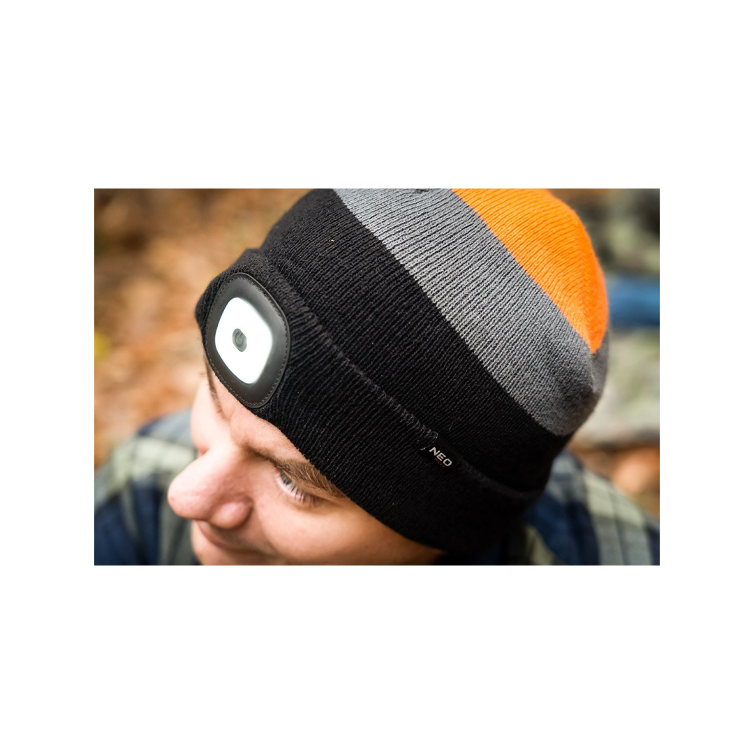 Kepurė su LED žibintuvėliu, juodai pilkai oranžinė ŠILTA 1