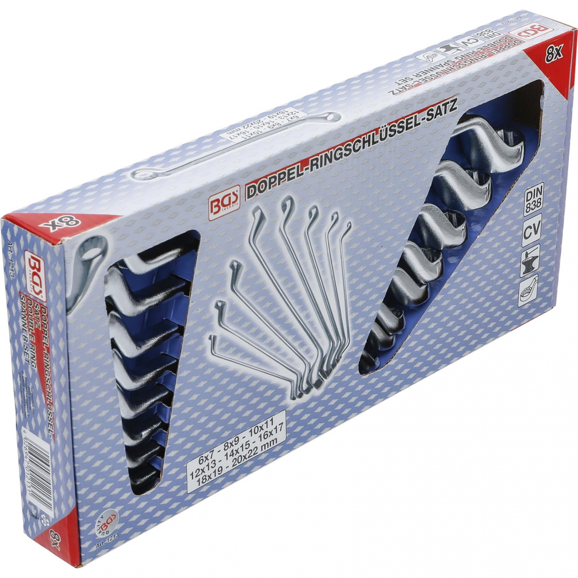 Kilpinių raktų rinkinys lenktais galais BGS-technic, 6x7 - 20x22 mm, 8 vnt. 3 Kilpinių raktų rinkinys lenktais galais BGS-technic, 6x7 - 20x22 mm, 8 vnt. 3