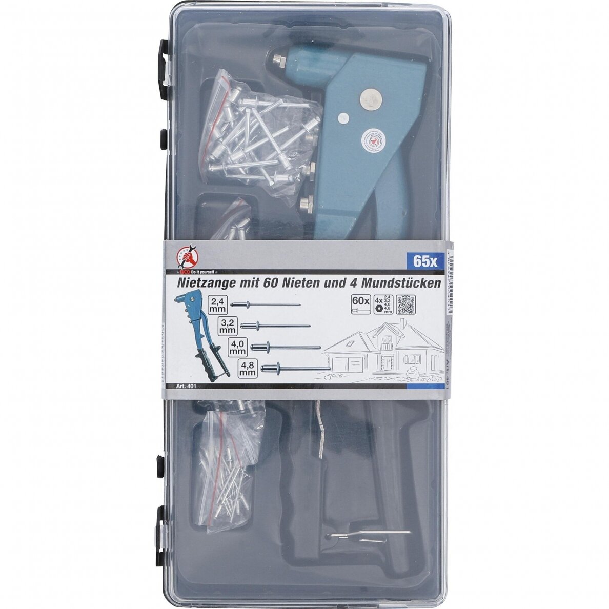 Kniediklis su kniedžių rinkiniu | 2.4 / 3.2 / 4.0 / 4.8 mm | 60 vnt (401) 1