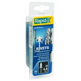 Kniedės aukštos kokybės    Al 4,8x16mm 50vnt + Drill C, Rapid Kniedės aukštos kokybės    Al 4,8x16mm 50vnt + Drill C, Rapid