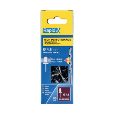 Kniedės aukštos kokybės  Al 4,8x10mm 50vnt + Drill C, Rapid 2
