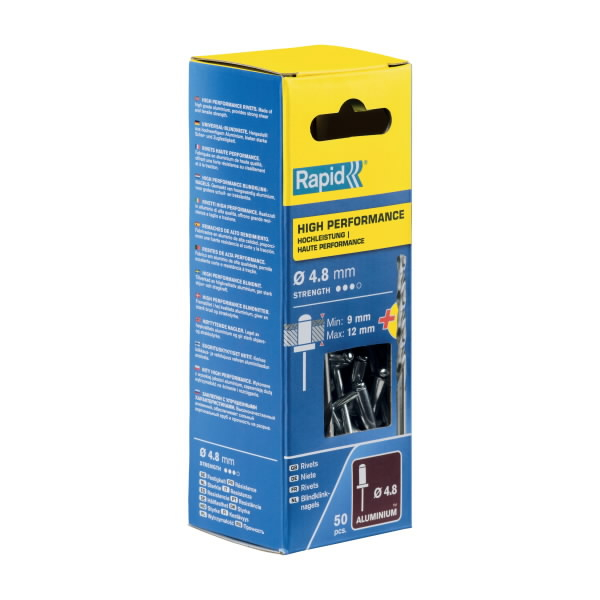 Kniedės aukštos kokybės Al 4,8x16mm 50vnt + Drill C, Rapid Kniedės aukštos kokybės Al 4,8x16mm 50vnt + Drill C, Rapid