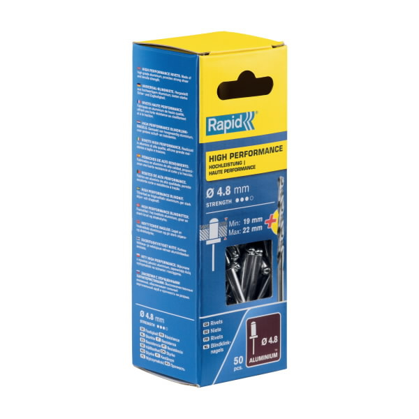 Kniedės aukštos kokybės Al 4,8x25mm 50vnt + Drill C, Rapid Kniedės aukštos kokybės Al 4,8x25mm 50vnt + Drill C, Rapid