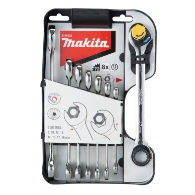 Kombinuotų, terkšlinių veržliarakčių komplektas 8vnt Makita B-65523 Kombinuotų, terkšlinių veržliarakčių komplektas 8vnt Makita B-65523