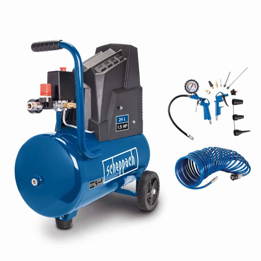 Kompresorius HC25o su 13 dalių priedų rinkiniu ir 5 m žarna, Scheppach Kompresorius HC25o su 13 dalių priedų rinkiniu ir 5 m žarna, Scheppach