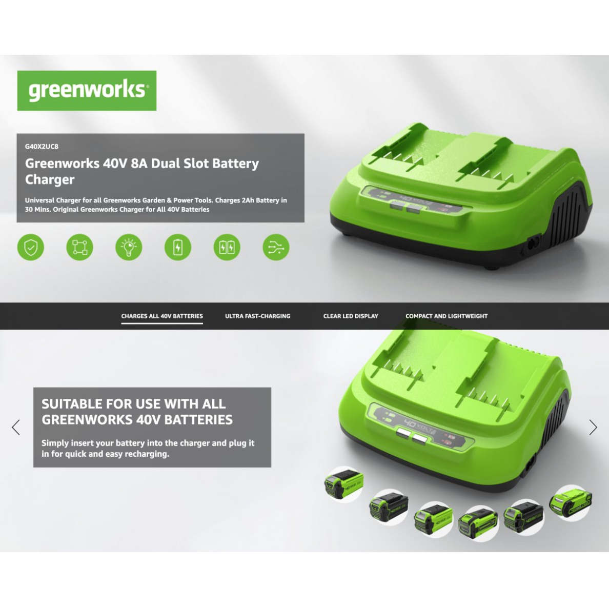 KROVIKLIS 40V 8A 2 VIETŲ Greenworks G40X2UC8 7