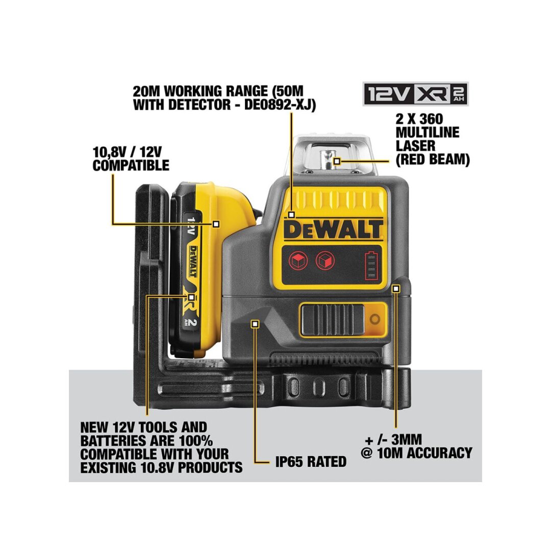 Lazerinis nivelyras (raudonas) 12V  2x360 spinduliai DCE0811D1R-QW DeWALT
