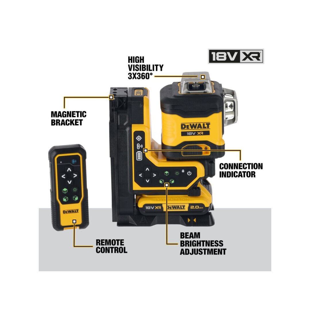 Lazerinis nivelyras (žalias) + lazerio gaudyklė 18V 3x360 spinduliai (su akumuliatorium 2Ah ir pakrovėju) DCLE34035D1-QW DeWALT 5