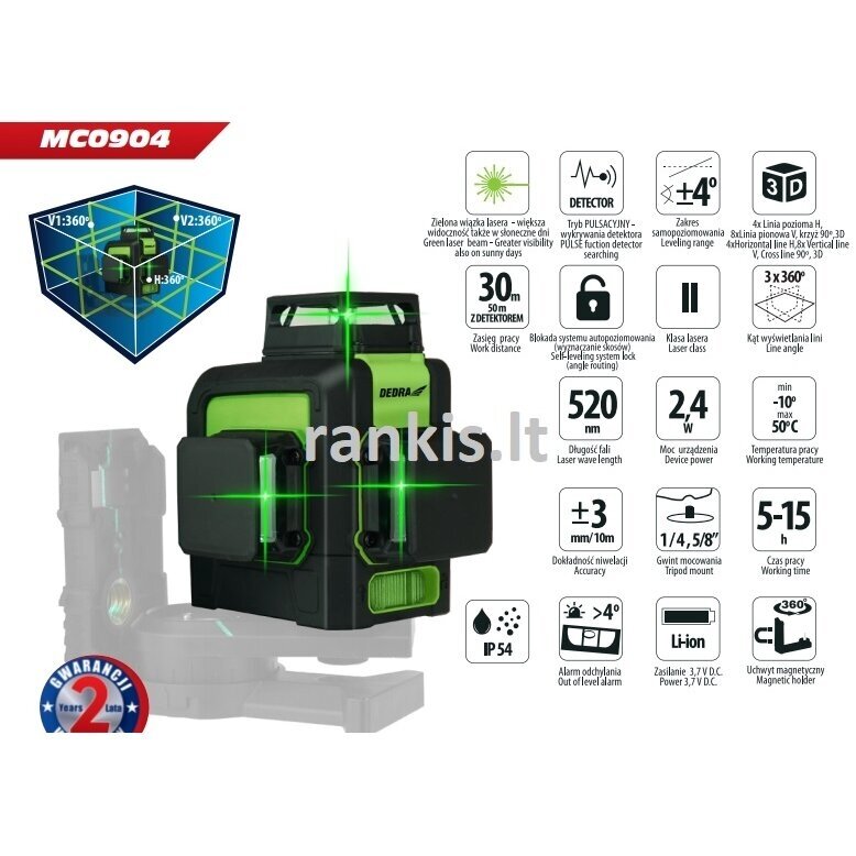 Lazerinis nivelyras 3D, žalias Dedra MC0904 3 Lazerinis nivelyras 3D, žalias Dedra MC0904 3
