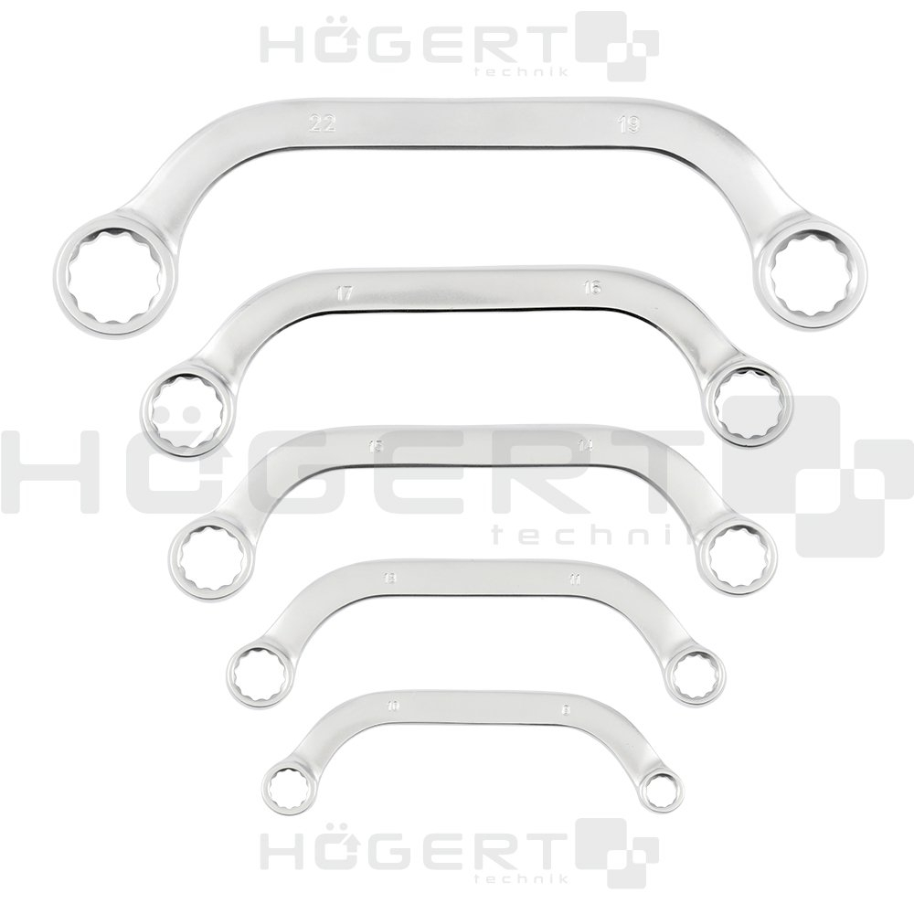 Lenktų C-tipo raktų komplektas (8-22 mm) 5vnt. HOGERT HT1W599 Lenktų C-tipo raktų komplektas (8-22 mm) 5vnt. HOGERT HT1W599