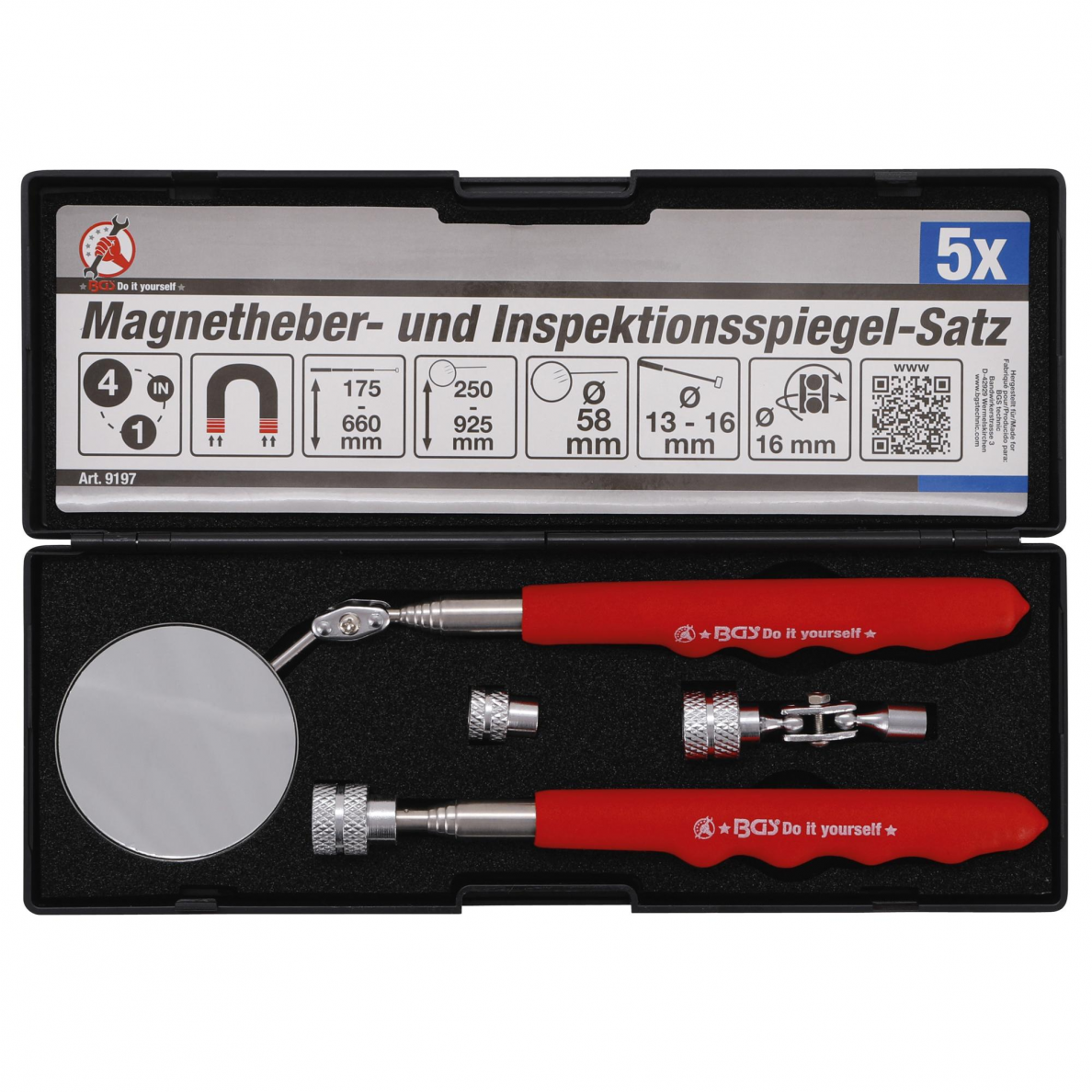 Magnetinio kėliklio ir apžiūros veidrodėlio rinkinys BGS-technic, 4 vnt. Magnetinio kėliklio ir apžiūros veidrodėlio rinkinys BGS-technic, 4 vnt.
