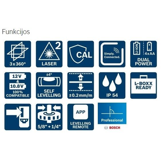 Linijinis lazerinis nivelyras Bosch GLL 3-80 C Professional 2Ah + laikiklis BM1 + imtuvas LR7 2 Linijinis lazerinis nivelyras Bosch GLL 3-80 C Professional 2Ah + laikiklis BM1 + imtuvas LR7 2
