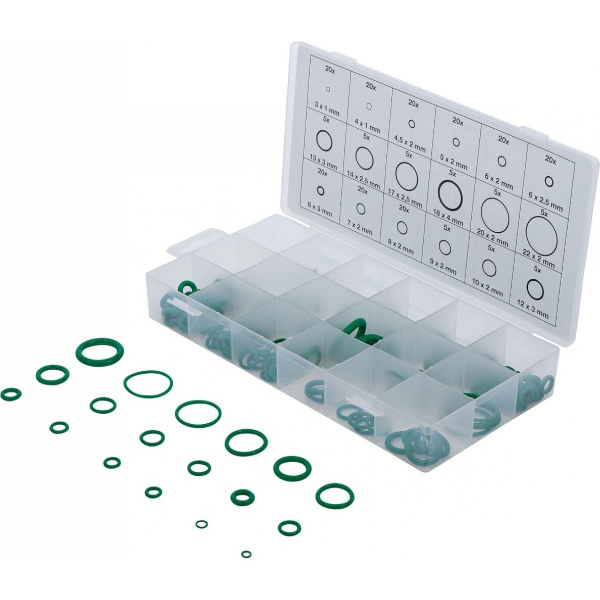 Manžetų rinkinys kondicionieriams HNBR | Ø 3 - 22 mm | 225 vnt. (8121) Manžetų rinkinys kondicionieriams HNBR | Ø 3 - 22 mm | 225 vnt. (8121)