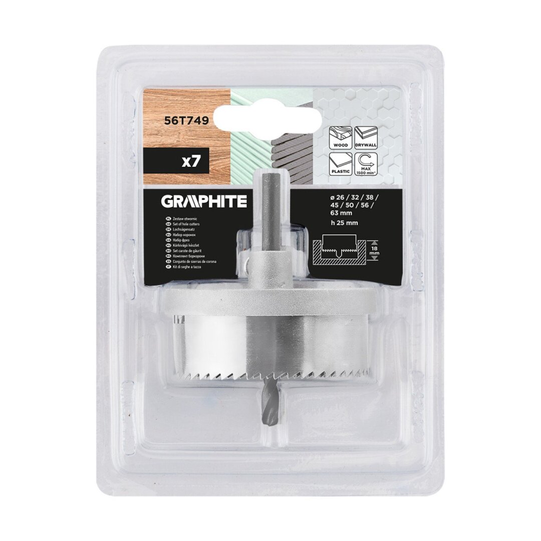 Medienos skylių pjaustyklės 26 - 63 mm, H 25 mm, nustatytas 7 vnt. 1 Medienos skylių pjaustyklės 26 - 63 mm, H 25 mm, nustatytas 7 vnt. 1