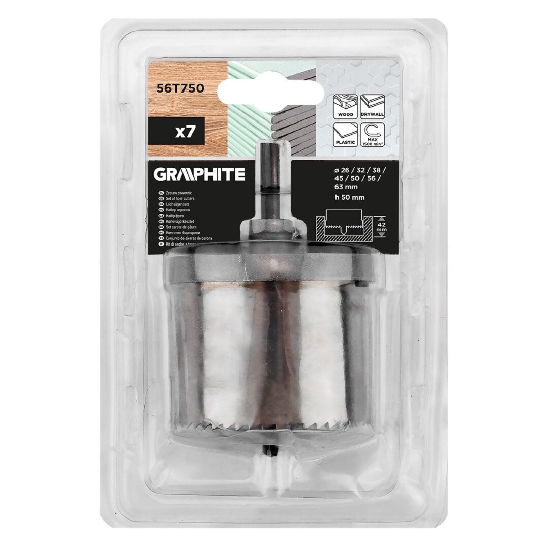 Medienos skylių pjaustyklės 26–63 mm, H 50 mm, nustatytas 7 vnt. 1 Medienos skylių pjaustyklės 26–63 mm, H 50 mm, nustatytas 7 vnt. 1