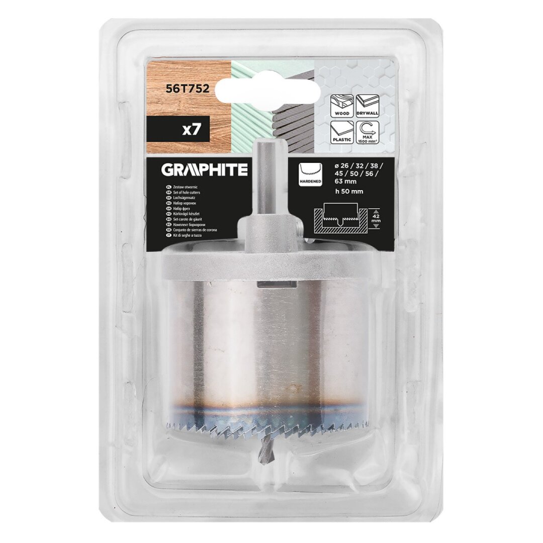 Medienos skylių pjūklai 26–63 mm, H 50 mm sukietėti dantys, rinkinys 7 vnt. 1