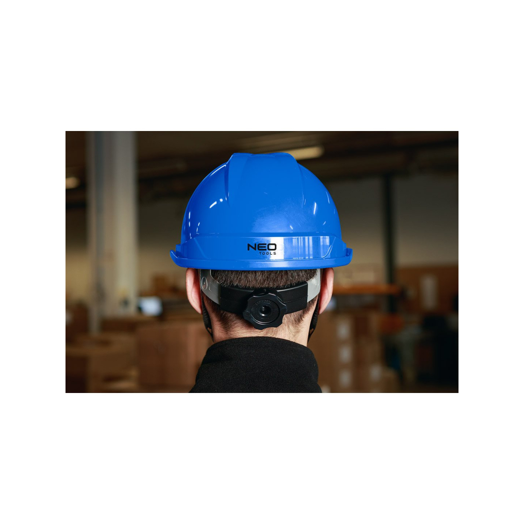 Mėlynas pramoninis šalmas su dirželiu ant smakro 3 Mėlynas pramoninis šalmas su dirželiu ant smakro 3