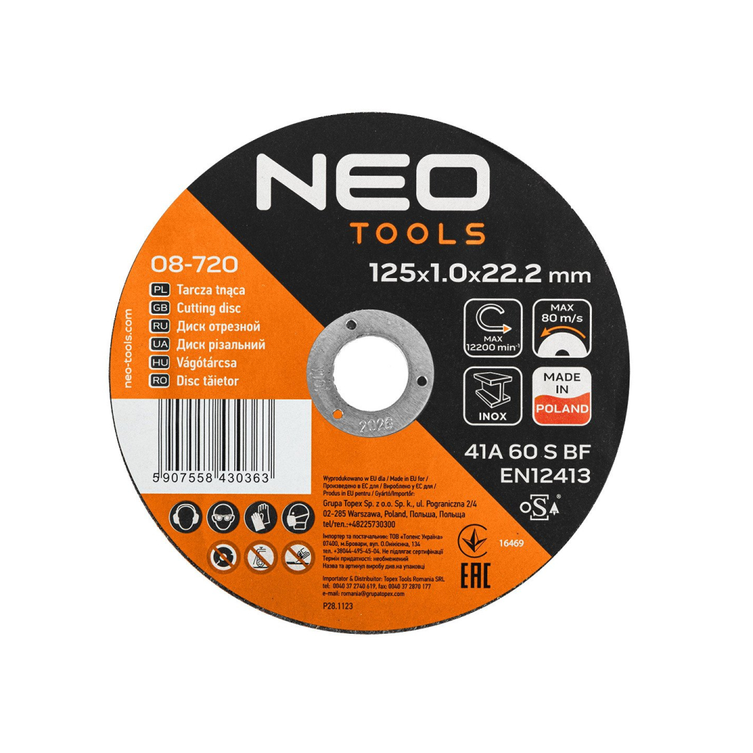 Metalo/INOX pjovimo diskai 125 x 1,0 x 22,2 mm, 41 A60-S-BF, 25 vnt. dėžutė. Pagaminta PL Metalo/INOX pjovimo diskai 125 x 1,0 x 22,2 mm, 41 A60-S-BF, 25 vnt. dėžutė. Pagaminta PL