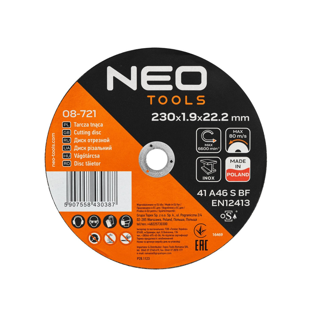 Metalo/INOX pjovimo diskai 230 x 1,9 x 22,2 mm, 41 A46-S-BF, 25 vnt. dėžutė. Pagaminta PL Metalo/INOX pjovimo diskai 230 x 1,9 x 22,2 mm, 41 A46-S-BF, 25 vnt. dėžutė. Pagaminta PL