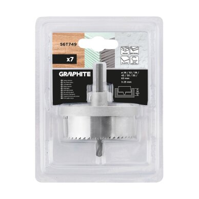 Medienos skylių pjaustyklės 26 - 63 mm, H 25 mm, nustatytas 7 vnt. 1 Medienos skylių pjaustyklės 26 - 63 mm, H 25 mm, nustatytas 7 vnt. 1