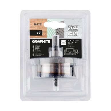 Medienos skylių pjaustyklės 26–63 mm, H 25 mm, sukietėti dantys, 7 vnt 1 Medienos skylių pjaustyklės 26–63 mm, H 25 mm, sukietėti dantys, 7 vnt 1