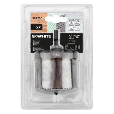 Medienos skylių pjaustyklės 26–63 mm, H 50 mm, nustatytas 7 vnt. 1 Medienos skylių pjaustyklės 26–63 mm, H 50 mm, nustatytas 7 vnt. 1