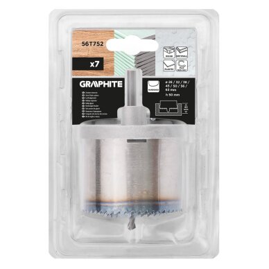 Medienos skylių pjūklai 26–63 mm, H 50 mm sukietėti dantys, rinkinys 7 vnt. 1