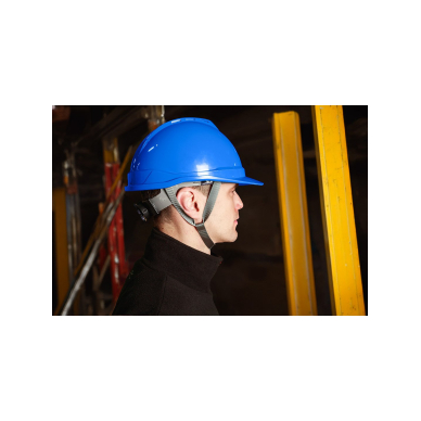 Mėlynas pramoninis šalmas su dirželiu ant smakro 2