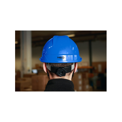 Mėlynas pramoninis šalmas su dirželiu ant smakro 3