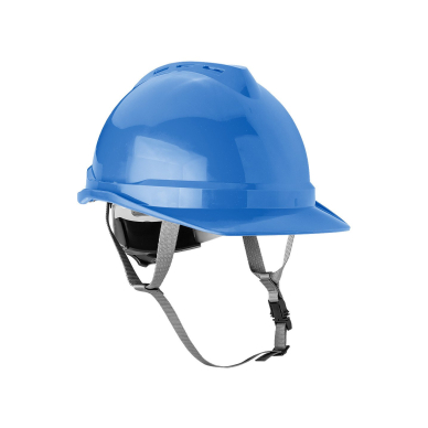 Mėlynas pramoninis šalmas su dirželiu ant smakro Mėlynas pramoninis šalmas su dirželiu ant smakro