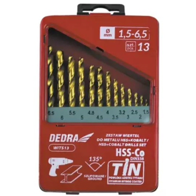 Metalo gražtų komplektas DEDRA WITS13 HSS+kobalt+TiN, 135°, 13vnt 1 Metalo gražtų komplektas DEDRA WITS13 HSS+kobalt+TiN, 135°, 13vnt 1