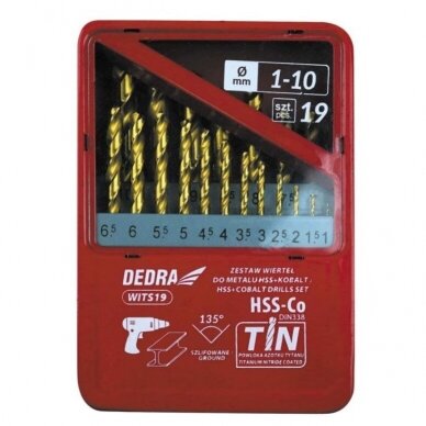 Metalo gražtų komplektas DEDRA WITS19 HSS+kobalt+TiN, 135°, 19vnt Metalo gražtų komplektas DEDRA WITS19 HSS+kobalt+TiN, 135°, 19vnt